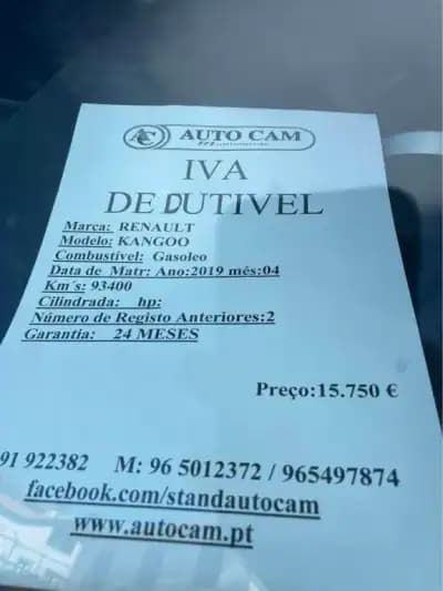 Sell Renault KANGOO 1.5 DCI 3Lugares 2019 - 14250 EUR, 93400 km - AUTO.MOTO.pt