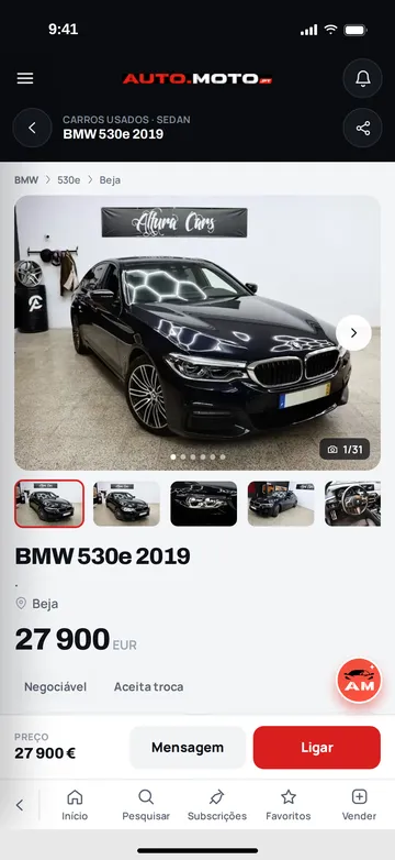 Anúncio de um BMW com os botões Mensagem e Ligar e a indicação Aceita troca