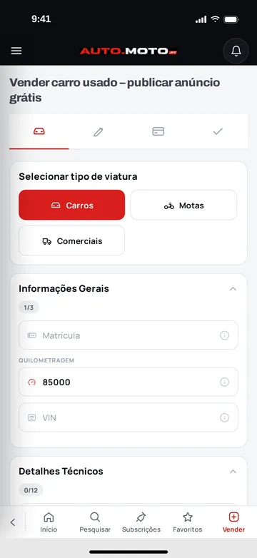 Publicar um anúncio grátis: escolher o tipo de viatura