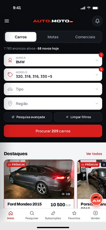 Página inicial da aplicação AUTO.MOTO com a pesquisa por marca e modelo