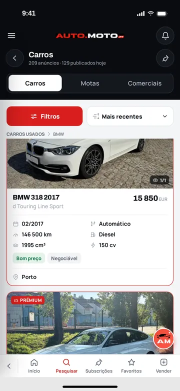 Resultados da pesquisa de carros BMW com filtros