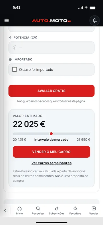 Avaliação de um carro com o valor estimado e o intervalo de mercado