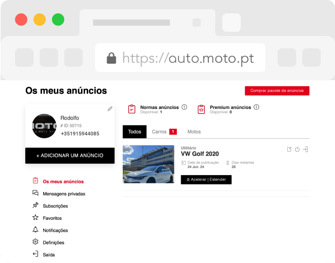 Ecrã da área pessoal com o menu de mensagens e subscrições