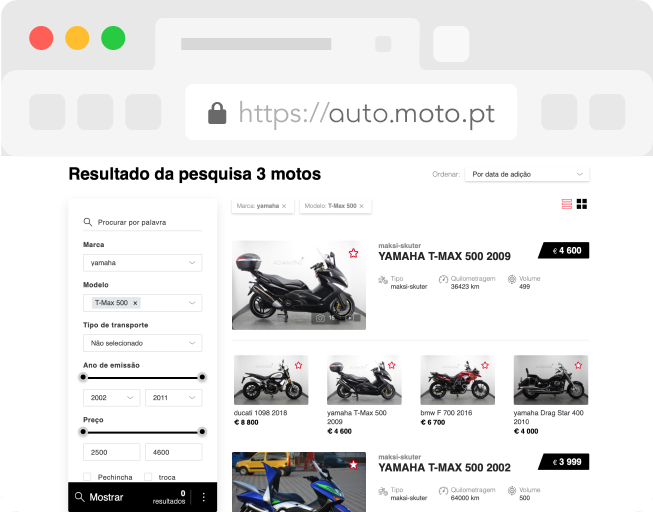 Ecrã de resultados da pesquisa com os filtros aplicados