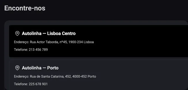 Localizações e contactos na página do stand